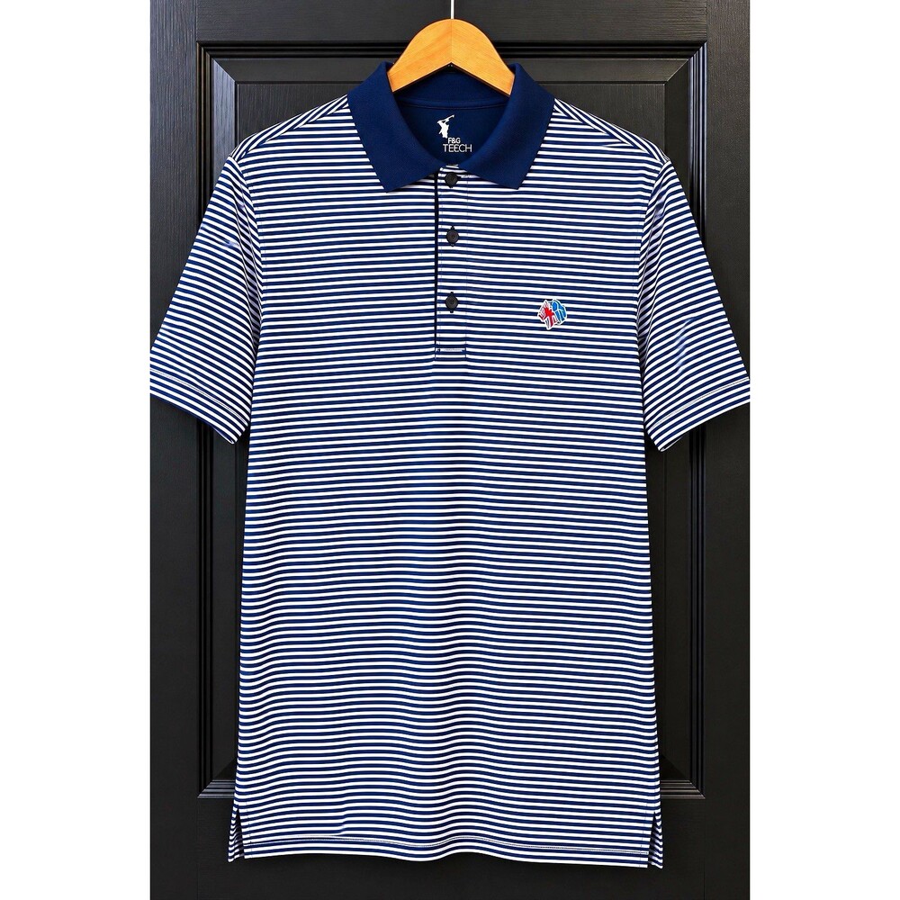 F&G TECH Men’s XL Navy/White Striped Polo Shirt Short Sleeve Stretch Logo